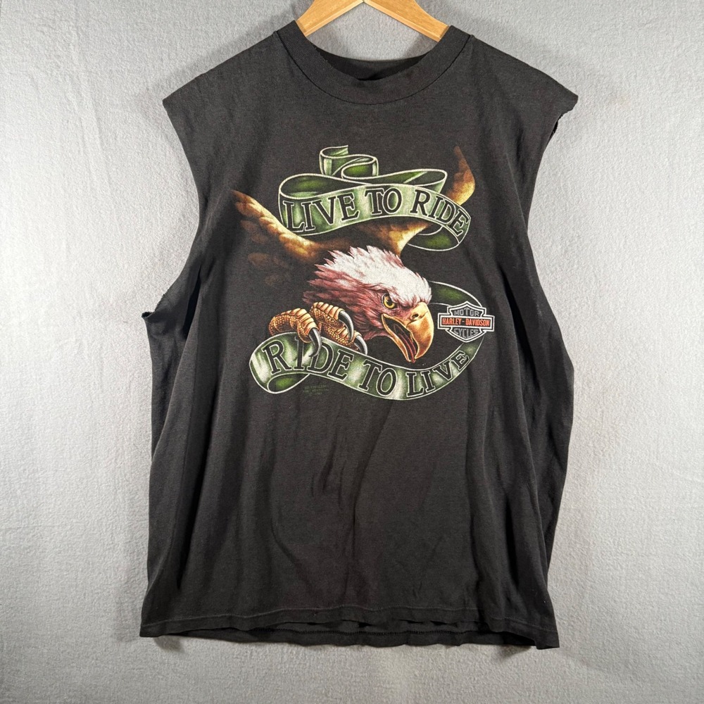 Vintage 1991 Harley Davidson 3D Emblem Live To Ride Eagle T-Shirt Black 21x28